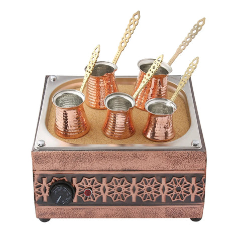 Copper Look Turkish Coffee Maker With Pot Set For Electric Heating 110 To 230 Volt Traditional Square Flower Design