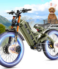 Rugged 2026 Dual Motor Electric Bike For Adults With Beast Mode Power, 46 Mph Top Speed, 52V 70Ah Battery Delivers 200 Mile Range, 26 Inch Fat Tires And Full Suspension Off Road Mountain Bike with puppy in basket.