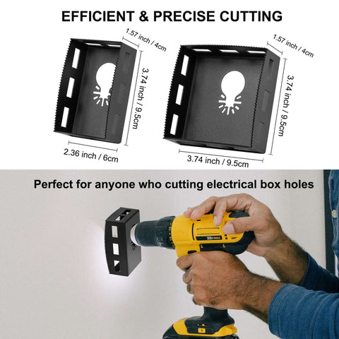 2pcs stainless steel square slot cutters for drywall outlets; fits Dewalt 20V & Milwaukee M18 oscillating tools.