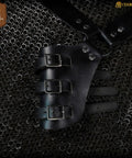 Close-up of Genuine Leather Sword Baldric Belt For LARP And Renaissance Costumes on chainmail, showing black leather straps.
