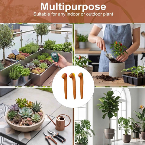 Six Inch Ceramic Worm Shaped Moisture Meter Set Of Six For Plants A Dope Yet Practical Way To Check Soil Humidity In Potting Mix Cute Color Hat Design Durable Plant Water Meters For Home Garden Care, shown with indoor and outdoor plants
