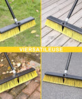 18 Inch Push Broom With 63 Inch Four Section Handle For Outdoor Cleaning showing use on grass, wood deck, bricks, and concrete