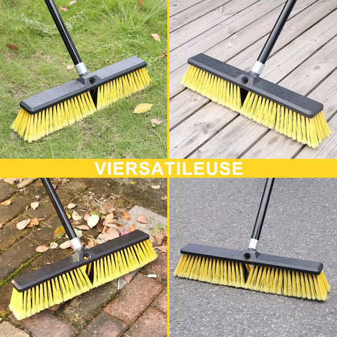 18 Inch Push Broom With 63 Inch Four Section Handle For Outdoor Cleaning showing use on grass, wood deck, bricks, and concrete