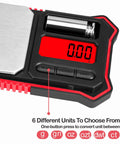 Close-up of Portable Digital Pocket Scale With 200g Capacity And 0.01g Readability, showing LCD backlit display and battery.
