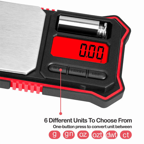 Close-up of Portable Digital Pocket Scale With 200g Capacity And 0.01g Readability, showing LCD backlit display and battery.