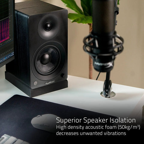 High Density Acoustic Foam Isolation Pads For Bookshelf Speakers And Studio Monitors Pair 8.5 By 6.35 Inches in desktop setup