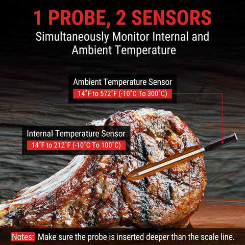 1 probe with 2 sensors measuring meat temperature, labeled internal and ambient, for 500 Ft Bluetooth Wireless Meat Thermometer That Is 100 Percent Wire Free Monitor Grillin And Smoking Temps From Anywhere For Beef Chicken Pork Turkey Rotisserie Sous Vide BBQ Oven Or Air Fryer.
