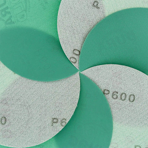 Premium 5 Inch Green Film Sanding Discs 600 Grit With Hook And Loop Backing Pack Of 50 For DA Sanders close-up view