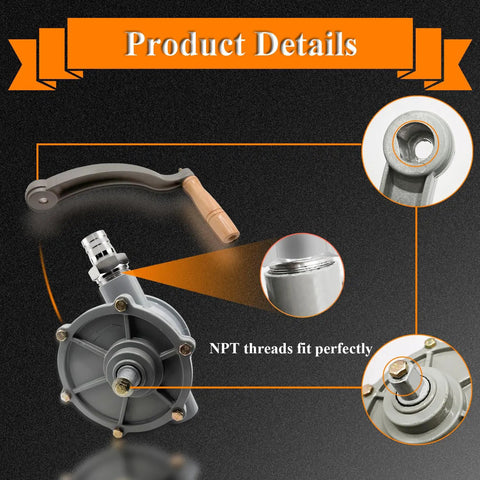 NPT Thread Gas Caddy Pump Kit With Rotary Hand Oil Transfer Pump For 10-55 Gallon Caddies Aluminum Body 1.25 Inch Outlet Quick Fuel Transfer For Gas Diesel And Non-Corrosive Oils Light To Medium Viscosity, gray pump close-up