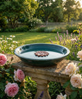 Ceramic Bird Bath And Feeder For Outdoor Gardens 12.2 Inch Diameter 2 Inch Depth Blue With Red Flower Shallow Bowl