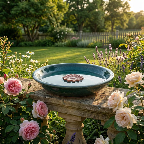 Ceramic Bird Bath And Feeder For Outdoor Gardens 12.2 Inch Diameter 2 Inch Depth Blue With Red Flower Shallow Bowl