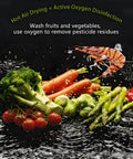 Fresh vegetables and shrimp being washed with water droplets, demonstrating active oxygen disinfection for cleaning.