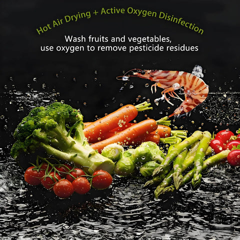 Fresh vegetables and shrimp being washed with water, showcasing compact plug and play countertop dishwasher with hot water sanitizing.