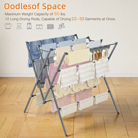 Heavy Duty Indoor Clothes Drying Rack With Twelve Solid Horizontal Rods And Tight Grip Sock Clips, holding clothes on a wooden floor.