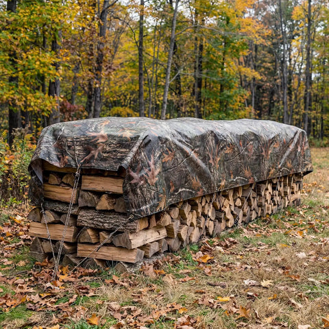 Wood pile covered by No Nonsense Tough 9 Mil Tarp Cover Waterproof UV Resistant Tarpaulin for outdoor use in a forest setting.