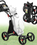 Ultralight Aluminum Golf Push Cart With Quick Snap One Click Fold Design And Large Ten Inch All Terrain Wheels in use on grass.