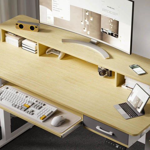 WALKINGDESK 55 Inch Electric Standing Desk With Keyboard Tray Height Adjustable Sit Stand Table Featuring Two Drawers Ergonomic Home Office Computer Desk With Convenient Storage Shelf Sleek Oak Finish For Productive Work, close-up view with keyboard and monitor.