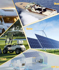 Collage showing RV, boat, golf cart, solar panels, and off-grid house powered by 12V 100Ah LiFePO4 Battery With BMS Deep Cycle.