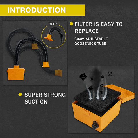 Strong Suction Smoke Absorber For Soldering Welding And 3D Printing With Carbon Or HEPA Filter Adjustable Hose 24 Inch Flexible Tube Fume Extractor That Works While Charging