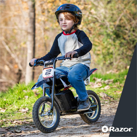 Child riding MX125 Dirt Rocket Electric Dirt Bike For Kids 7 Plus With Motocross Geometry, 100W High Torque Chain Driven Motor