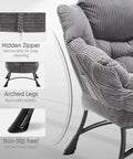 Close view of gray cozy lazy chair with ottoman, featuring corduroy texture, hidden zipper, arched legs, and non-slip feet.