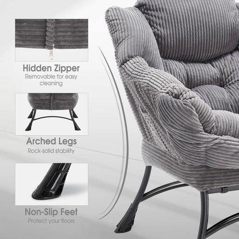 Close view of gray cozy lazy chair with ottoman, featuring corduroy texture, hidden zipper, arched legs, and non-slip feet.