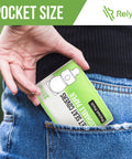 Flushable Toilet Seat Covers On The Go 50 Pack XL being placed in a pocket, showing compact size and portable packaging.