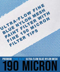 Ultra Fine 190 Micron Paint Filter Tips Cone Strainers 50 Pack Pure Blue Nylon Mesh text on background