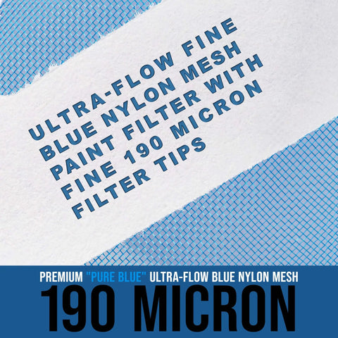 Ultra Fine 190 Micron Paint Filter Tips Cone Strainers 50 Pack Pure Blue Nylon Mesh text on background
