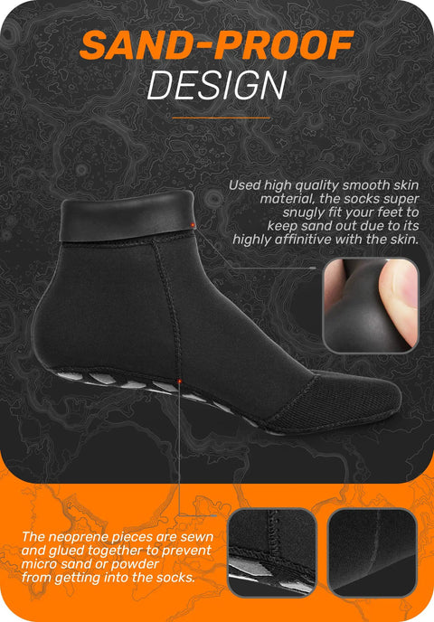 2Mm Neoprene Sand Socks for Men and Women, black sand-proof design, side view showing smooth skin material