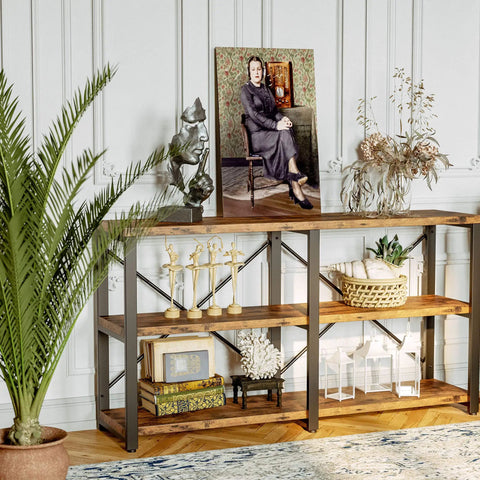 Heavy Duty Rustic Wood And Metal Bookshelf Featuring Spacious Three Level Design Perfect For Home Office Display Or Living Room Storage Making Your Space Look Clean With A No Fuss Assembly Process