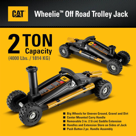 Heavy Duty 2 Ton Cat Wheelie Off-Road Trolley Jack with oversized wheels and removable saddle extension for rugged terrain.