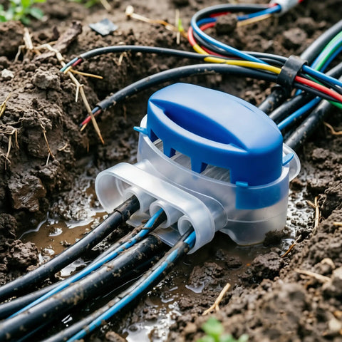 Twenty Pack Tough As Nails Three Way Wire Connectors featuring waterproof sealing with cables in wet soil.