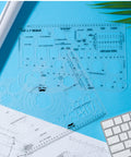 Knockout Two Piece Landscape And Yard Design Template Set Featuring Dead Accurate One Quarter Inch Scale flexible drafting stencils on blue background.