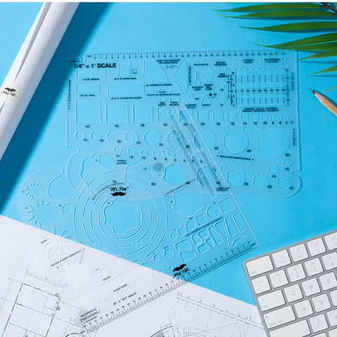 Knockout Two Piece Landscape And Yard Design Template Set Featuring Dead Accurate One Quarter Inch Scale flexible drafting stencils on blue background.
