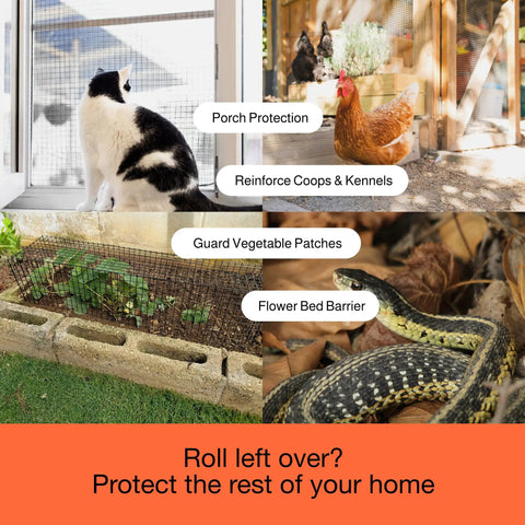 Collage showing uses of Solar Panel Squirrel Guard Mesh for Backyard Protection PVC Coated Galvanized Steel Barrier Netting in different settings.