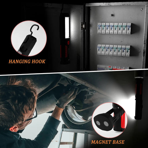 Magnetic Mechanic Flashlight With Hook Foldable Underhood Light For Car Emergency Kit, shown in use under a car hood