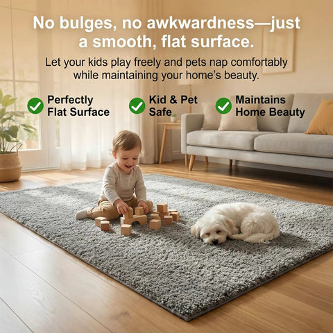 Child playing on rug with Rug Corner Grippers 12 Pack With Triangle And Trapezoid Designs, non slip carpet tape holding rug flat.