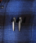 Real Deal Four Piece Mini Pen Screwdriver Kit Featuring Versatile Four In One Double End Bits For Phillips And Flathead Jobs Great For Tight Spaces And On The Fly Fixes in a pocket of a blue plaid shirt.