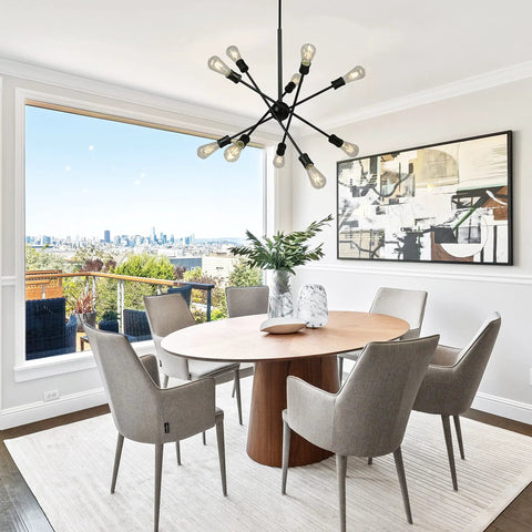 Etris Row 10-Light Sputnik Pendant Chandelier, Statement Piece With Adjustable Arms, Matte Black Finish, dining room view