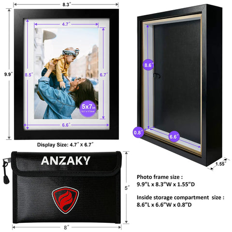 Diversion Safe Picture Frame With Hidden Compartment And Fireproof Waterproof Money Bag For Cash And Valuables, 5x7 Inch Home Security Storage shown with dimensions.