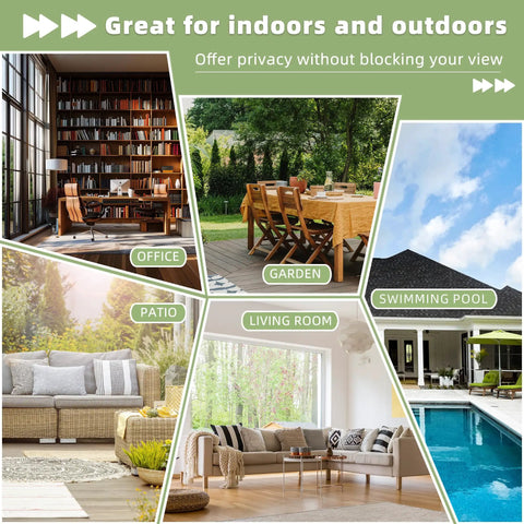 Collage of different outdoor and indoor spaces: office, garden, patio, living room, swimming pool.
