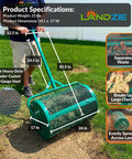 24 Inch Compost And Peat Moss Spreader Roller For Lawn And Garden, mesh basket, adjustable handle, in use on grass