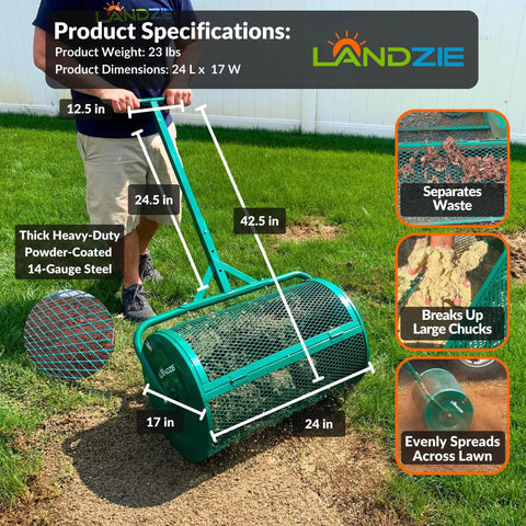 24 Inch Compost And Peat Moss Spreader Roller For Lawn And Garden, mesh basket, adjustable handle, in use on grass