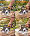 6 Inch Brushless Cordless Circular Saw Compatible With DeWalt 20V Max Battery cutting wood, density board, plywood, and PVC pipe in park.