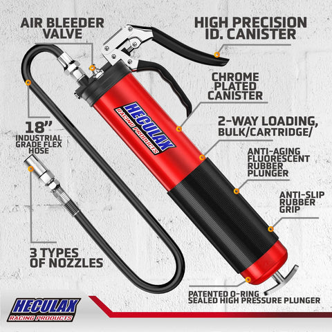 Heavy Duty 6000 PSI Grease Gun With Quick Release Coupler Pistol Grip Kit 14 Oz Capacity 18 Inch Flex Hose Red