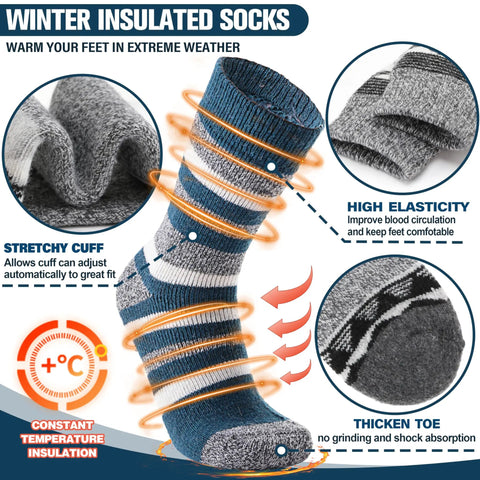 Toasty Heated Thermal Socks For Men And Women, Thick Insulated Winter Socks In Blue Stripes Series showcasing features and elasticity