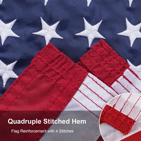 Close-up of quadruple stitched hem on American Flag 12 By 18 Inches Embroidered 50 Stars Nylon Outdoor Banner For Marine Boat Yacht And UTV With Two Brass Grommets Built Tough Heavy Duty US Flag Designed For Outdoor Use.