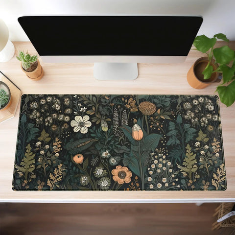Floral Desk Mat With Wildflower Vibe For Gaming And Work, Large 31.5 By 15.75 Inch Desk Pad on wooden desk setup