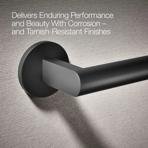 Close-up of Components Towel Arm, Premium Metal Bath Accessory With Open Ended Design For Easy Towel Access, matte black finish.